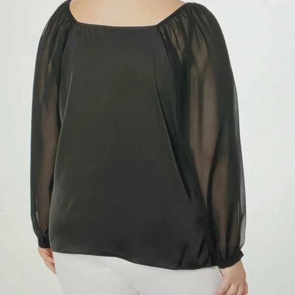 City Chic Black Satin Body with Sheer Long Sleeve Scoop Neck Blouse - Picture 3 of 10